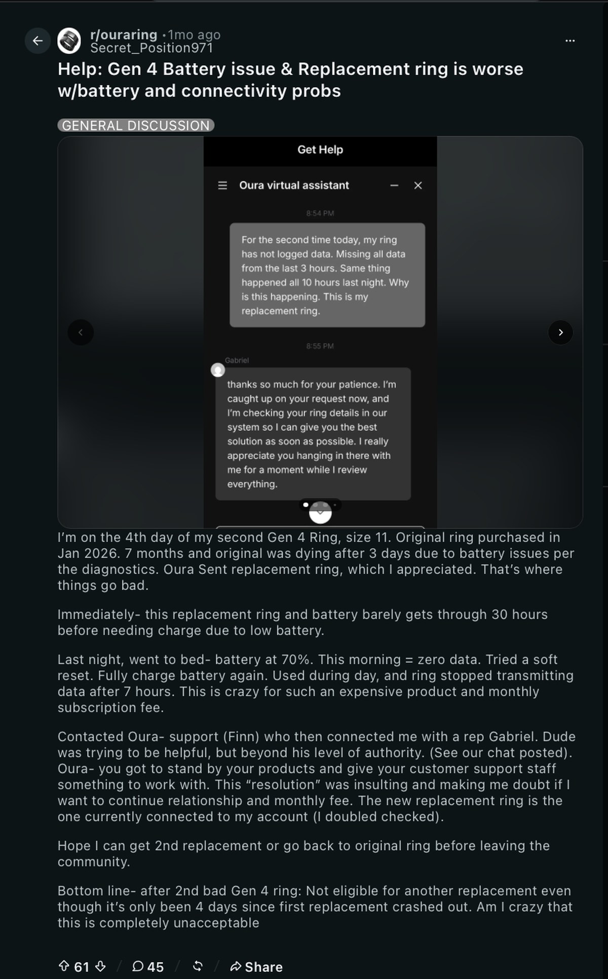 Oura Ring 4 battery issues posted on Reddit