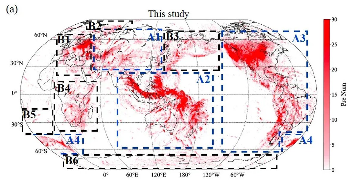 A map of six PKP precursors across the Earth. 