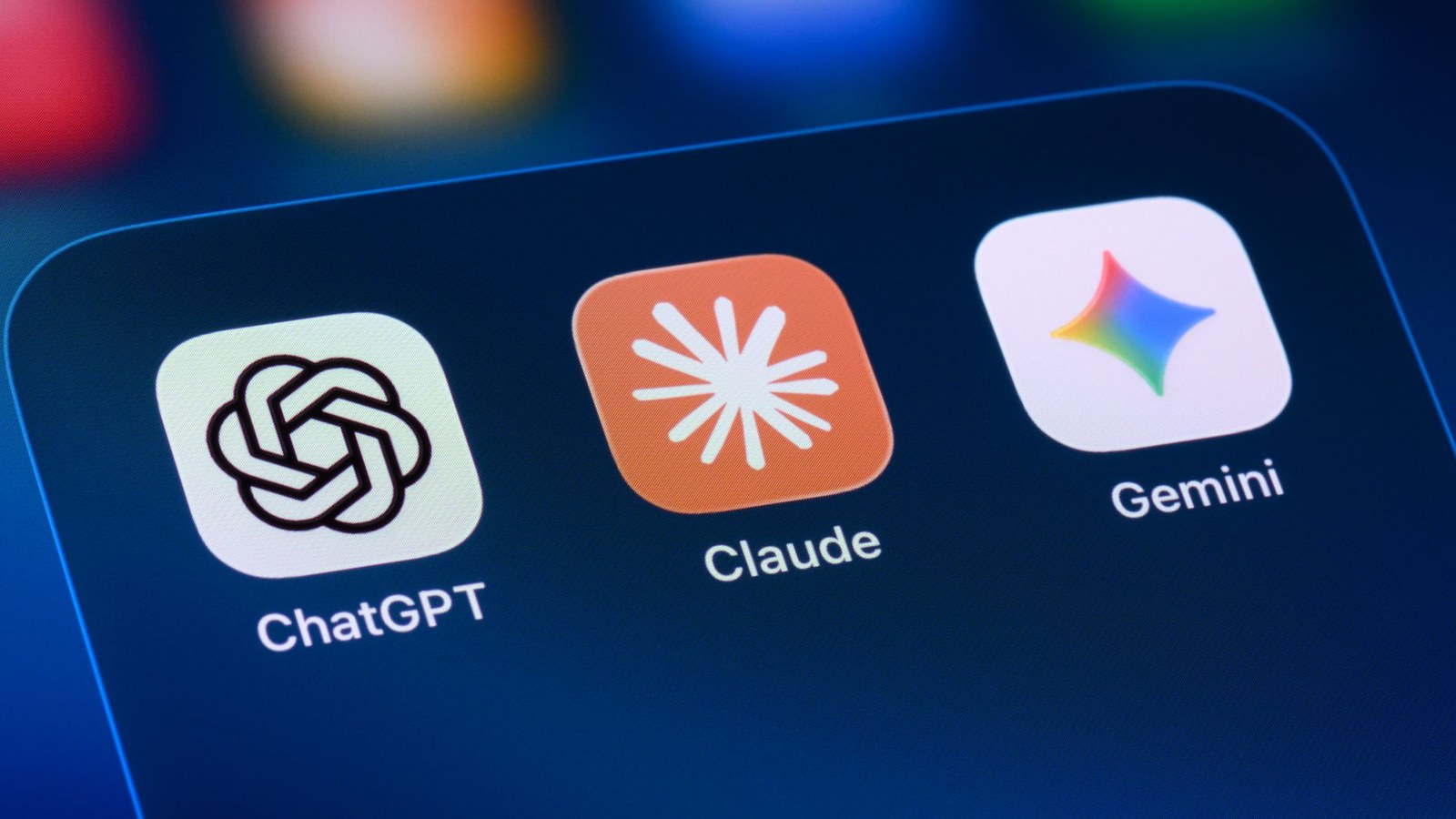 ChatGPT, Claude, and Gemini apps on an iPhone