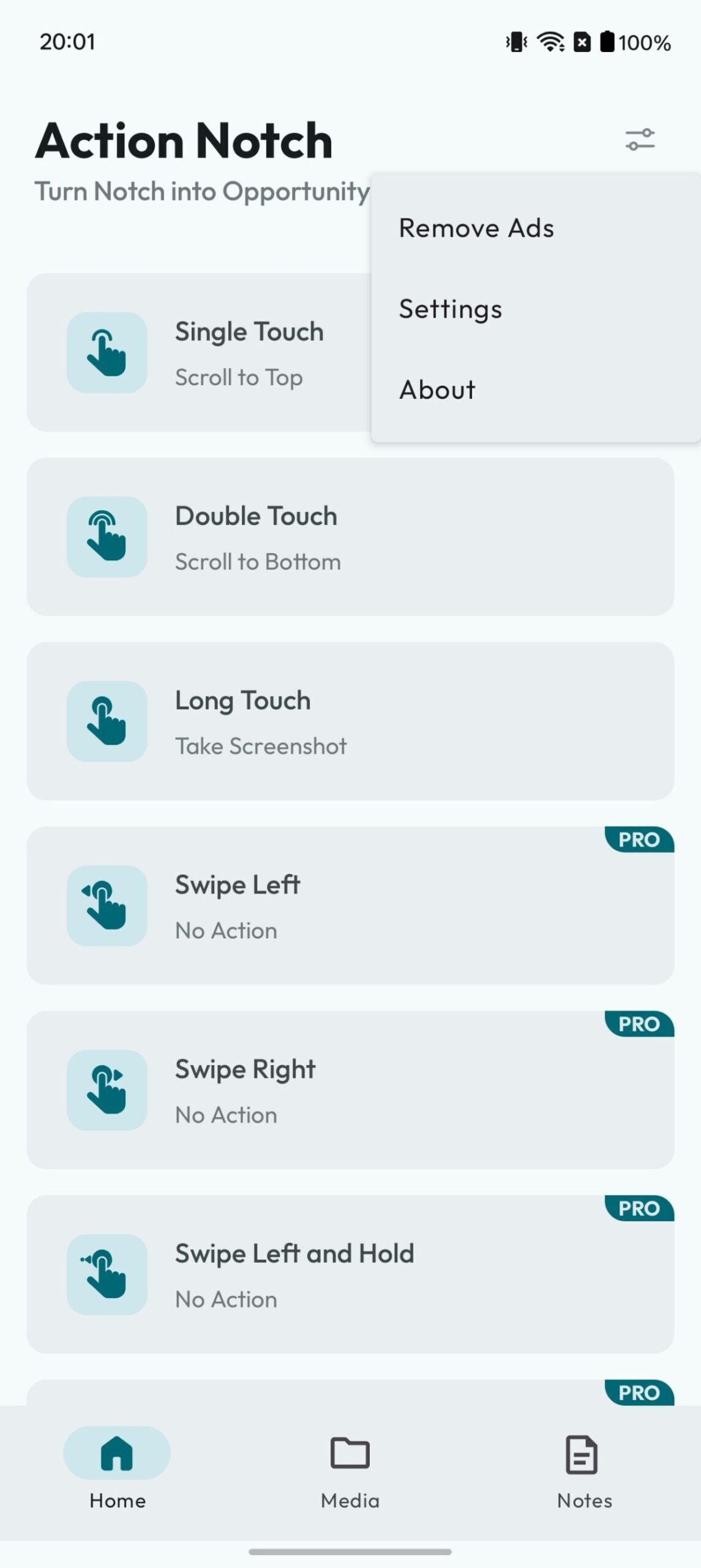 Accessing Action Notch settings from the Home tab.