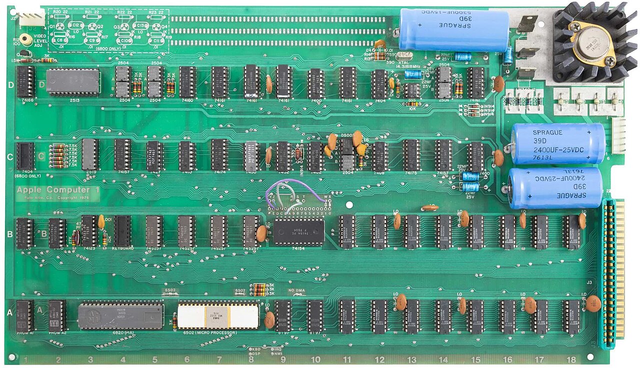 The Apple I, the company's first product, was sold as an assembled board without a keyboard, power supply, or case.