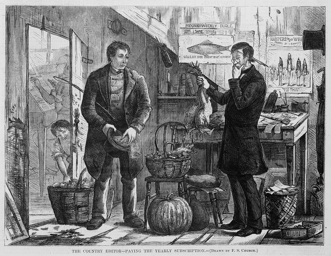 1874 newspaper illustration from Harper's Weekly showing a man engaging in barter by offering various farm produce in exchange for his yearly newspaper subscription