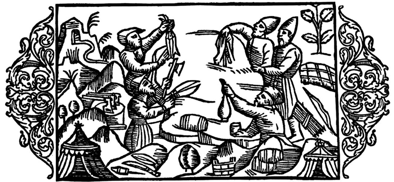 Scandinavian and Russian traders bartering their wares. Olaus Magnus, 1555