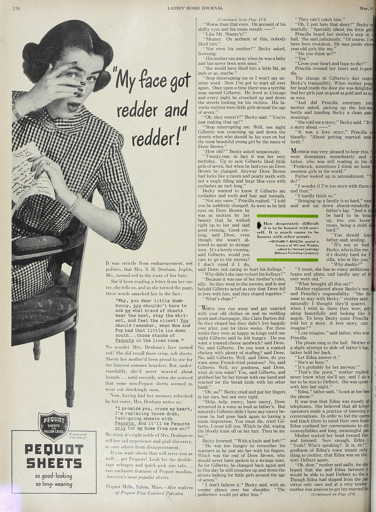 Advertisement with a highlighted quote "my face got redder and redder!" There is a highlighted quote on the importance of being honest with oneself, and after two and a half pages concludes with a suspicion that telephone operators are listening in on every call.