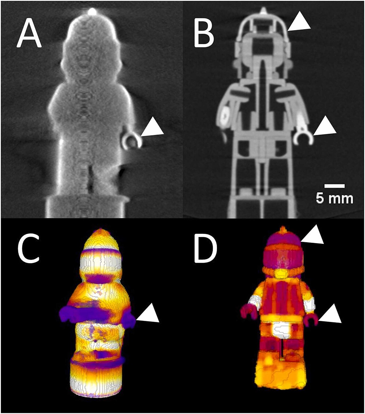 Comparison of two imaging modalities, optical tomography (A, C) and computed tomography (B, D), as applied to a Lego minifigure