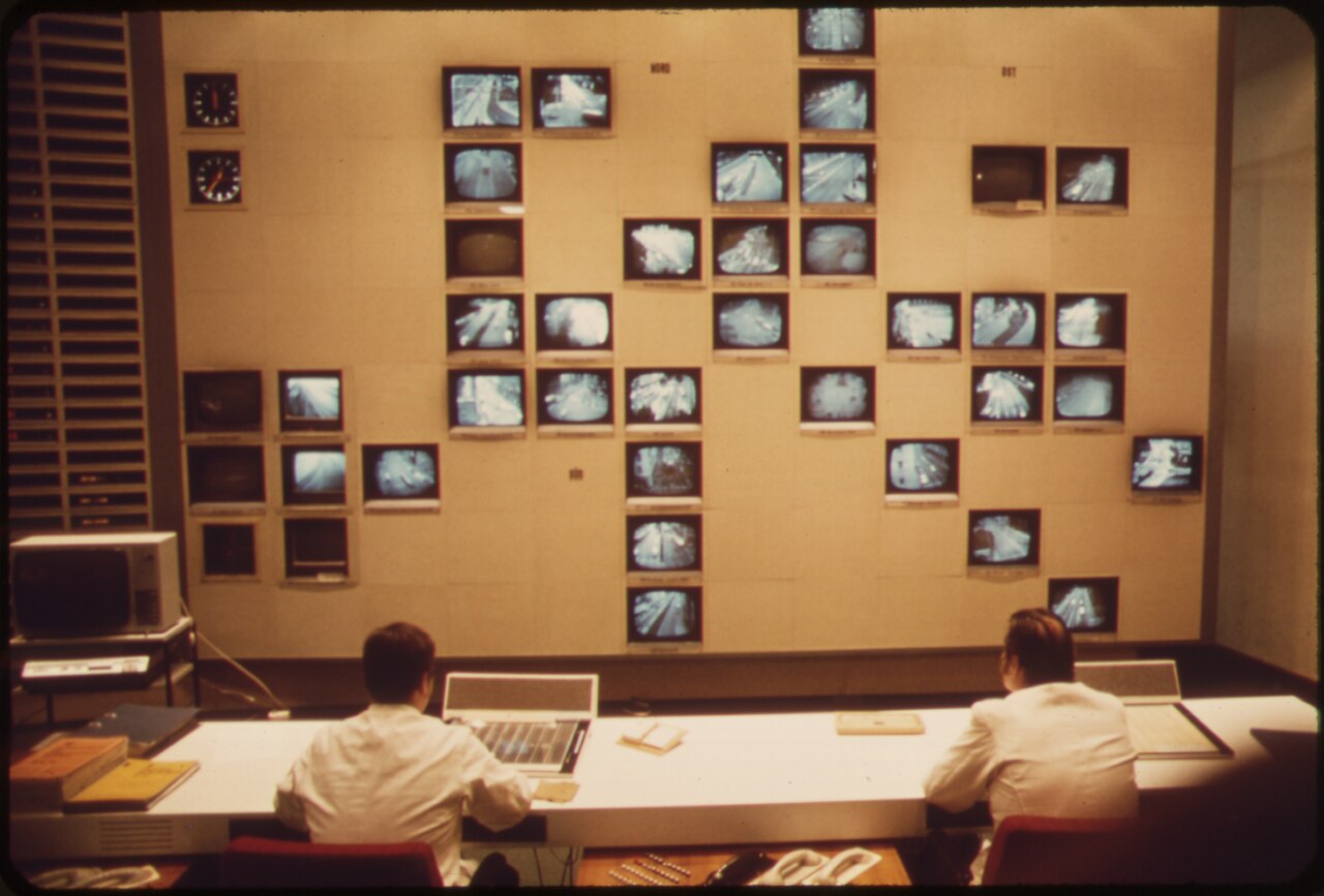 CCTV monitoring at the Central Police Control Station, Munich, Germany, in 1973