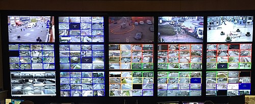 CCTV control-room monitor wall for 176 open-street cameras in 2017