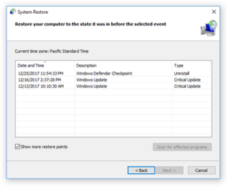 Windows 10 System Restore screenshot