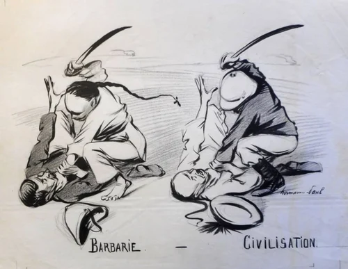 French anti-colonialist cartoon published in 1899 in Le Cri de Paris. It denounces Western hypocrisy, which views indigenous revolt as an act of barbarism and colonial violence as an act of civilization.[13]