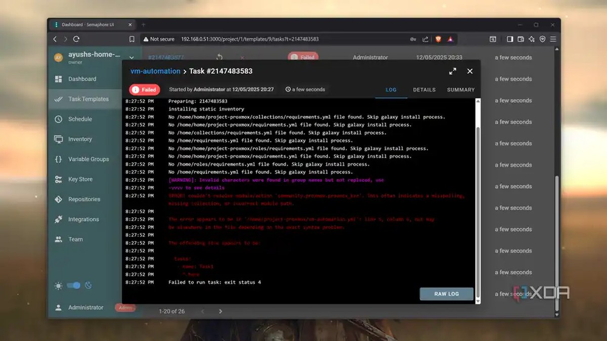 The error when trying to run an Ansible task