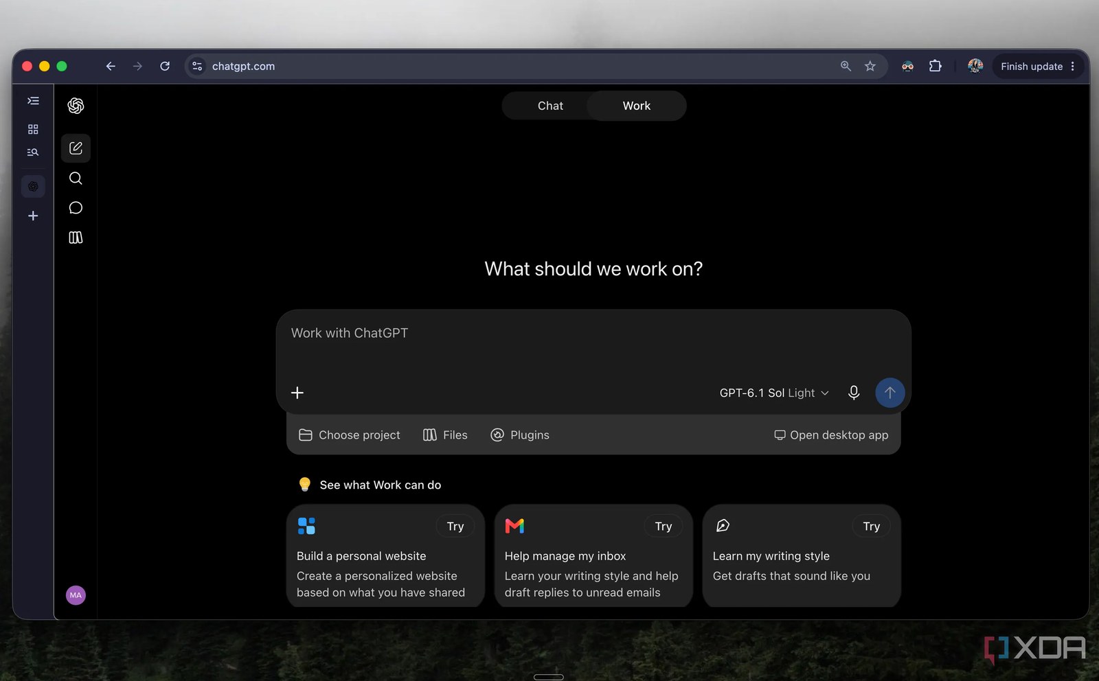 Yeni Chat ve Work sekmeleri ve bir Ask ChatGPT istem kutusuyla Chrome üzerindeki ChatGPT ana sayfası