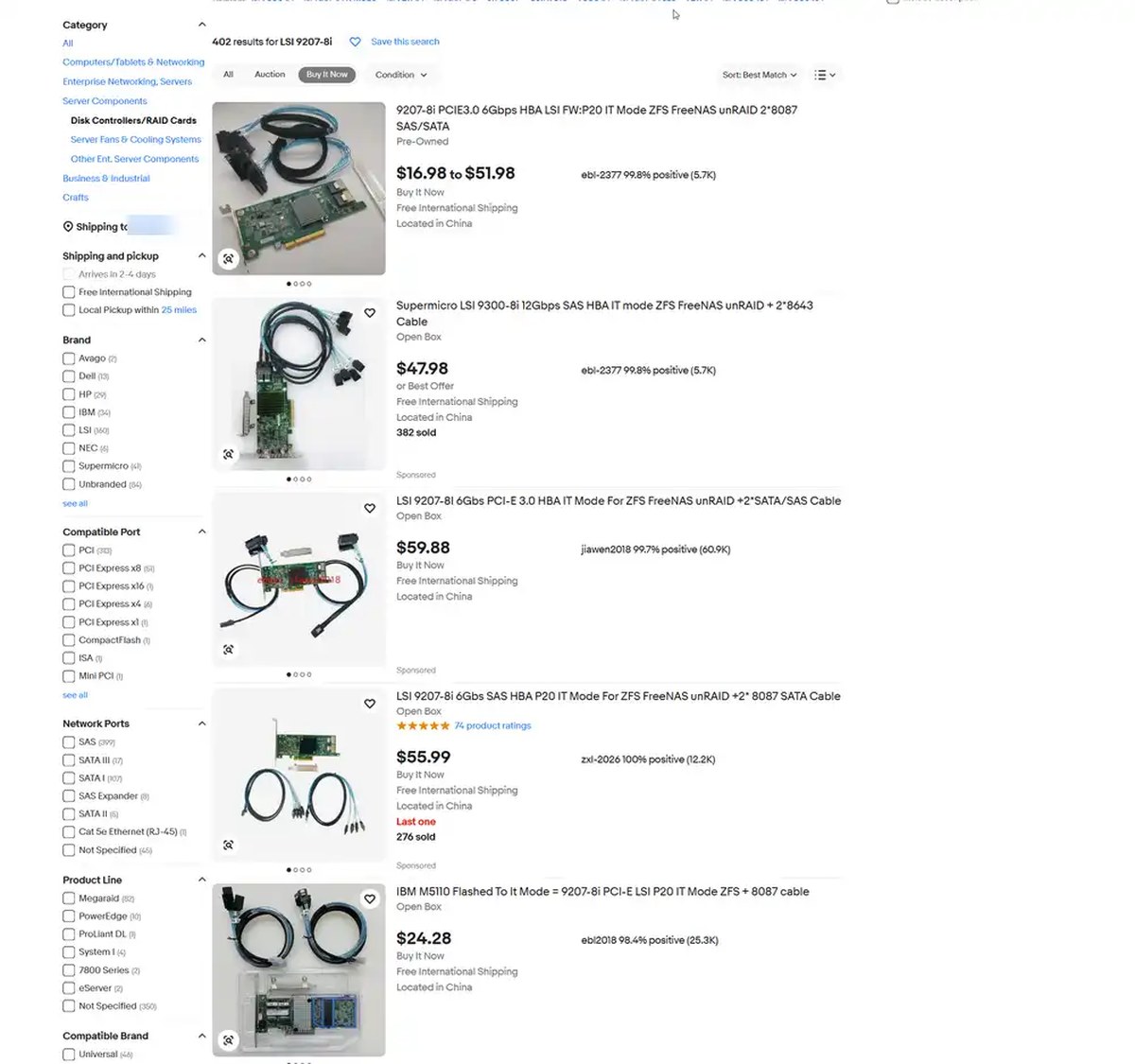 eBay listings for HBA cards