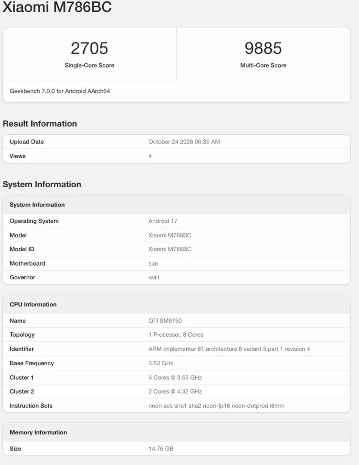 Alleged Geekbench listing of the Redmi K100.