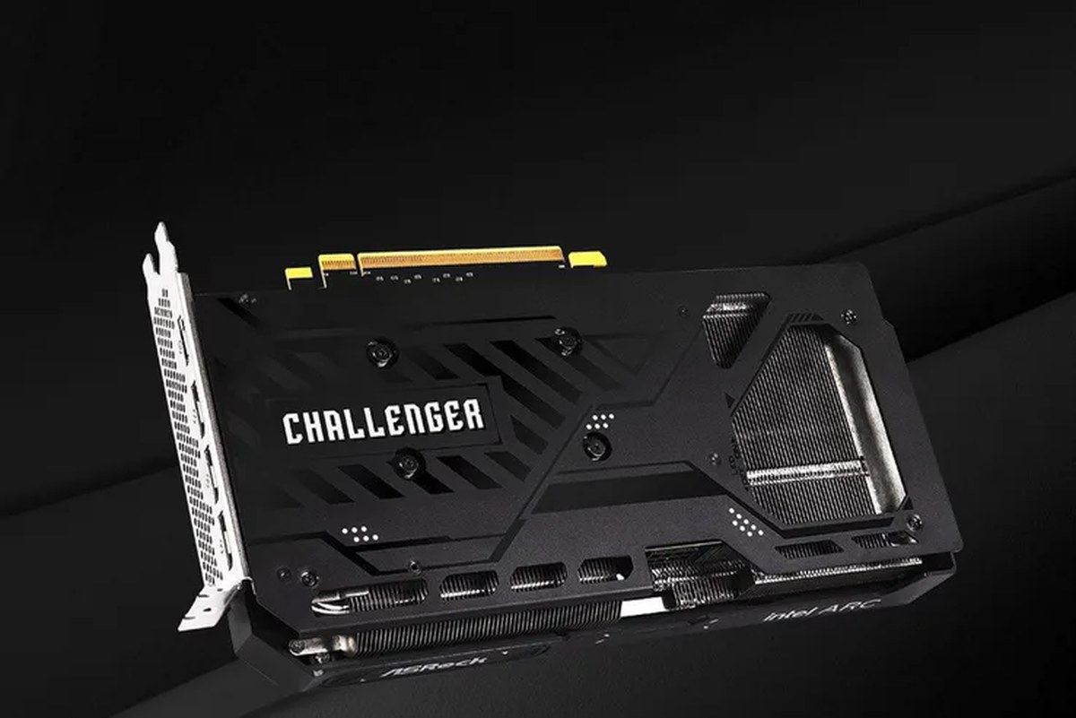Rear view of the ASRock Intel Arc B580 Challenger 12GB OC graphics card showing its metal backplate.