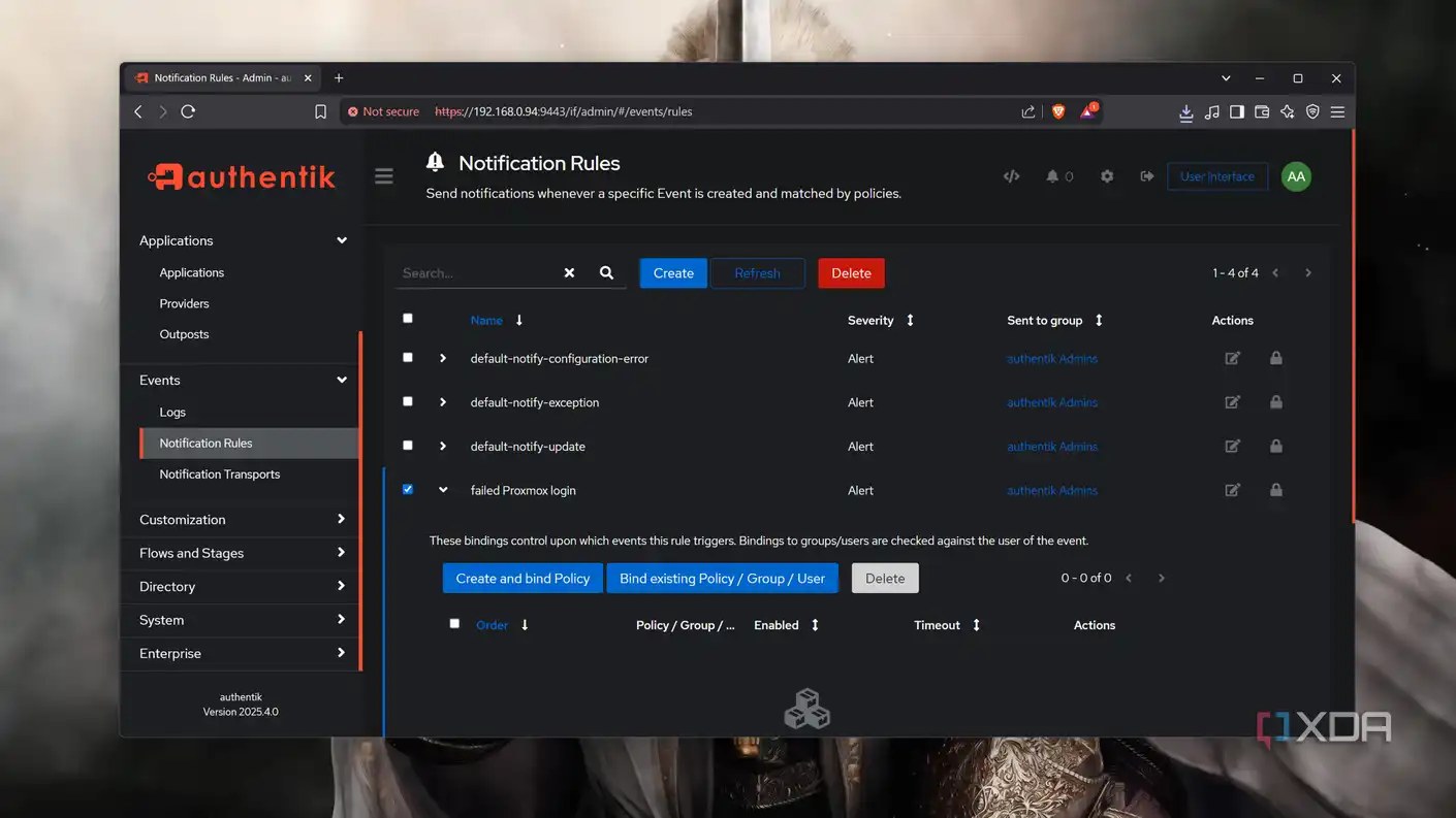 The Notification Rules tab in the Authentik web UI