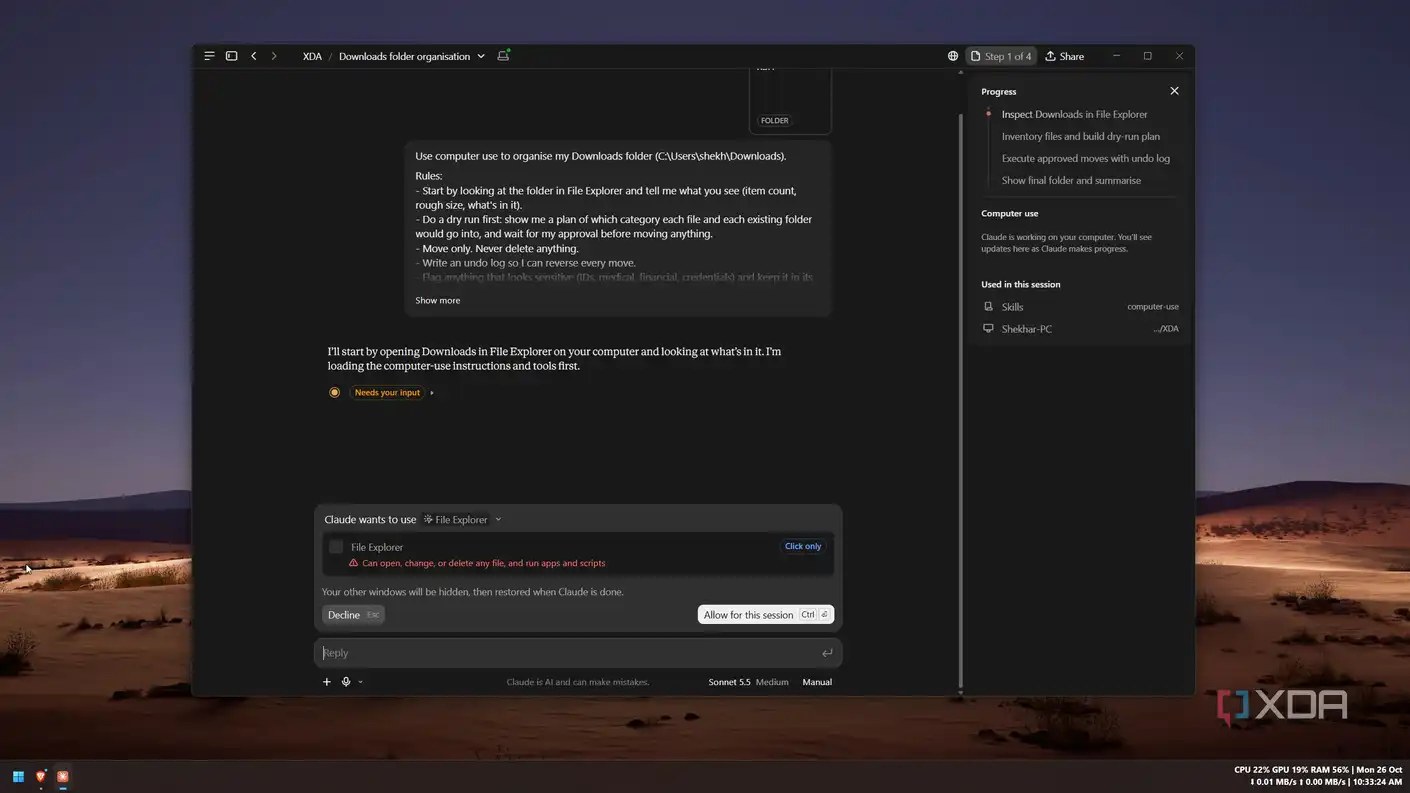 Claude’s permission prompt for File Explorer marked click only, beside the cleanup prompt