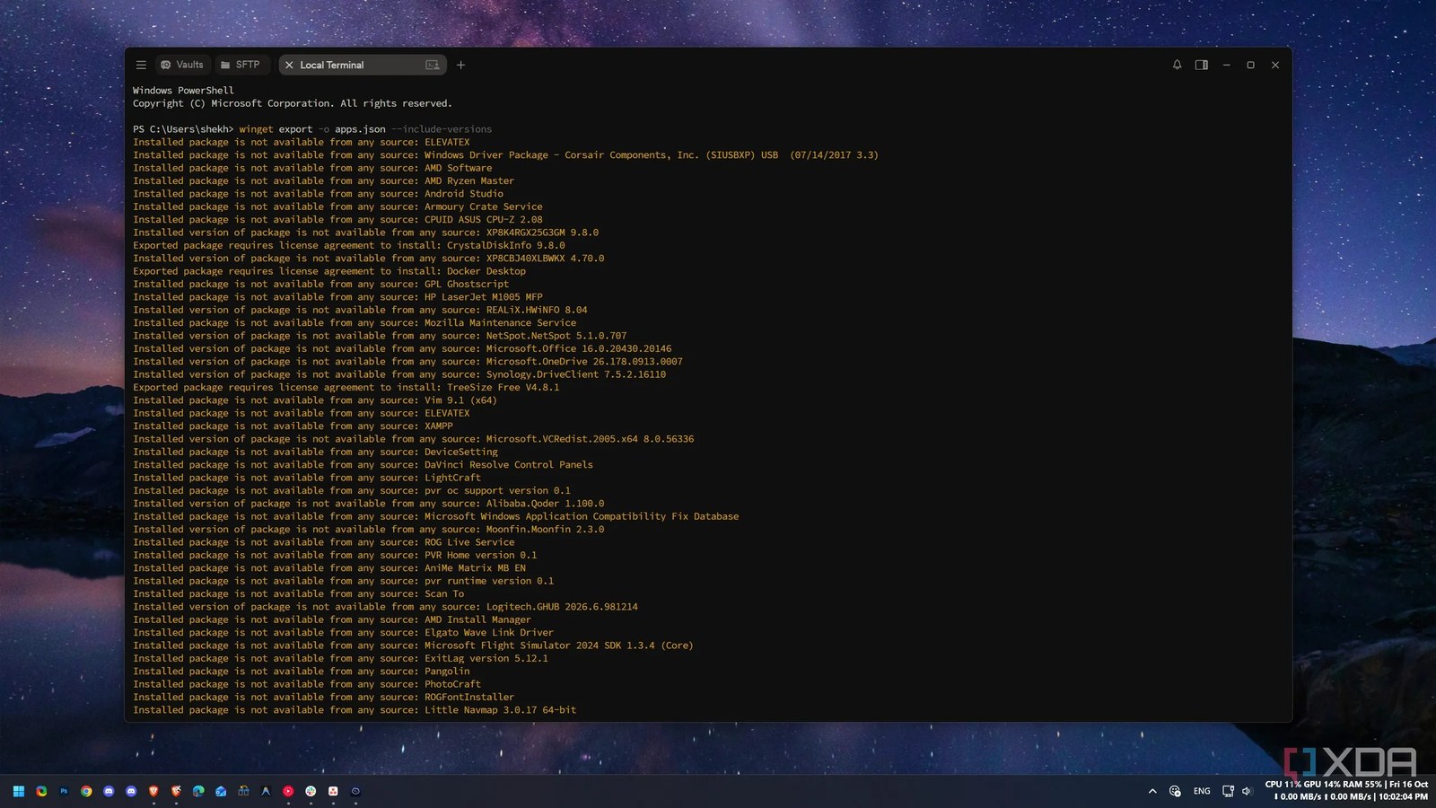winget export finishing with a long list of packages not available from any source