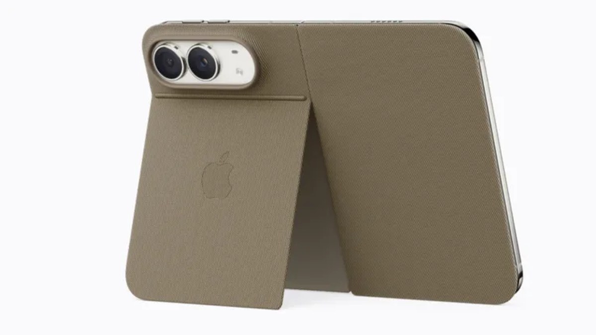 Apple iPhone Duo in a taupe Folio case, partially folded with its integrated kickstand extended.