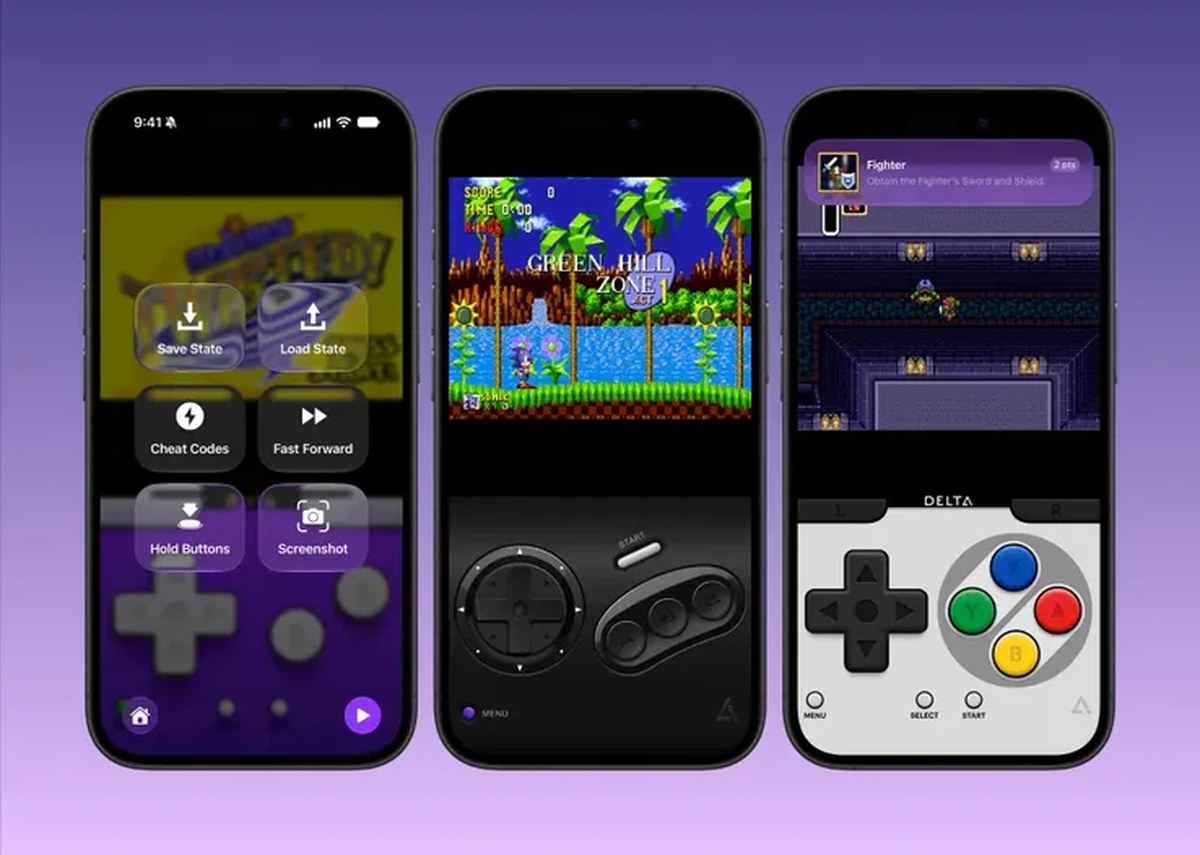 Delta 2.0 with various controller skins. (Pictured: several smartphone mockups running Delta 2.0.)