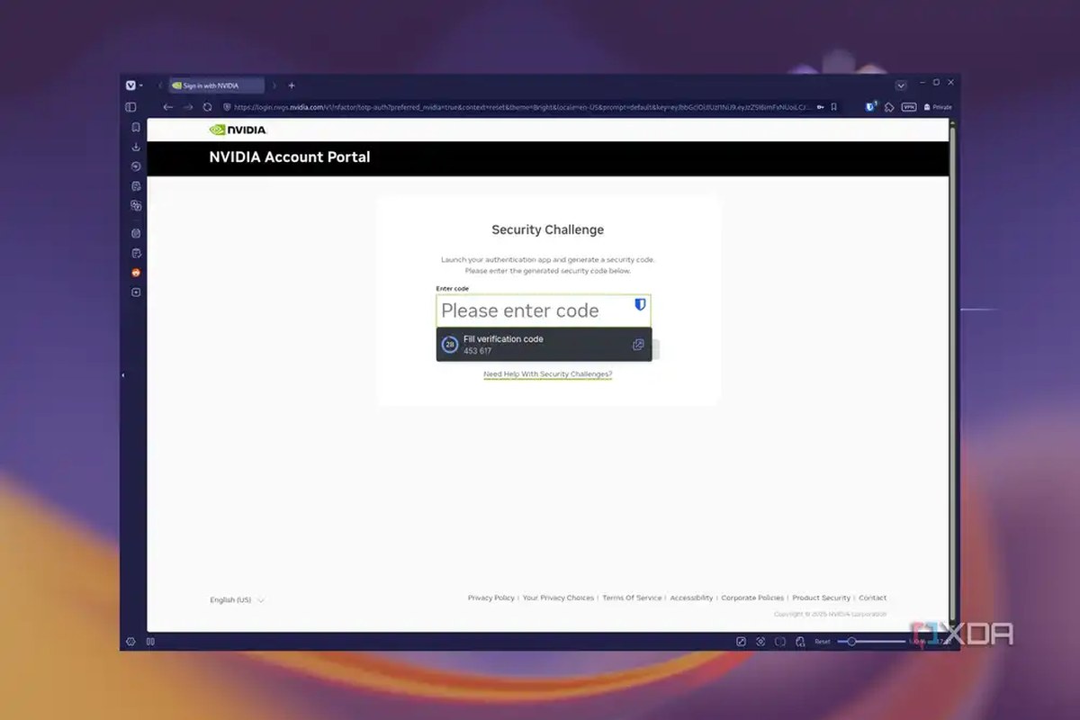 Screenshot of the Nvidia website on a desktop web browser with Bitwarden offering to automatically fill a 2FA code