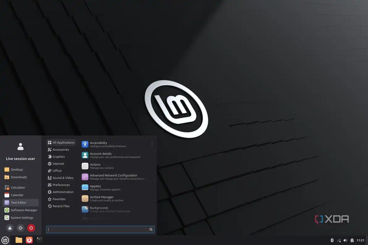 Screenshot of a Linux Mint desktop showing the application launcher