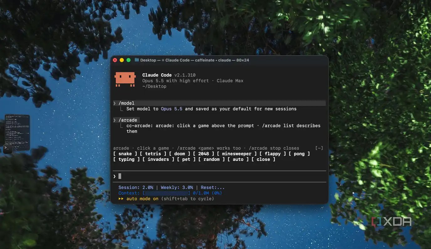 Claude Code terminal showing the cc-arcade game picker with snake tetris doom and more