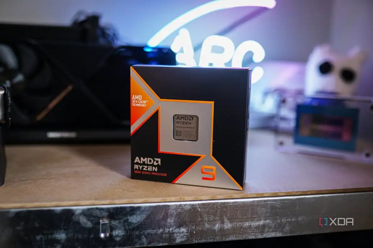 An image of the AMD Ryzen 9 9950X3D sitting in its box. 