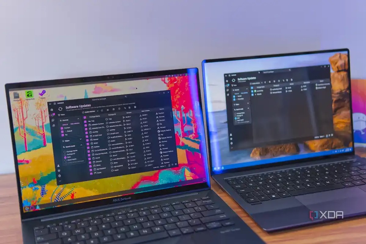 A Linux and a Windows laptop next to each other, both running UniGetUI and showing a list of available package updates