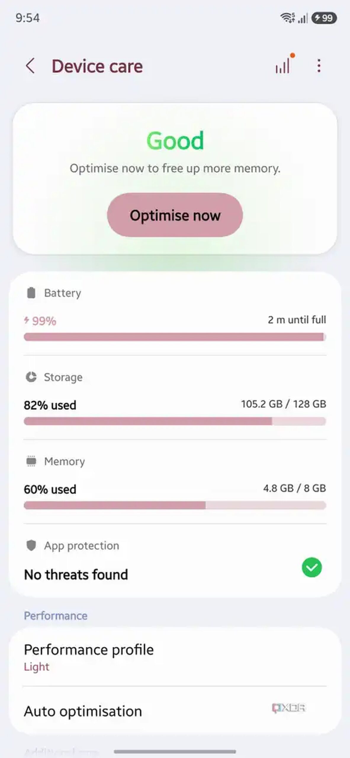 Samsung Device care showing 4.8 GB of 8 GB memory used