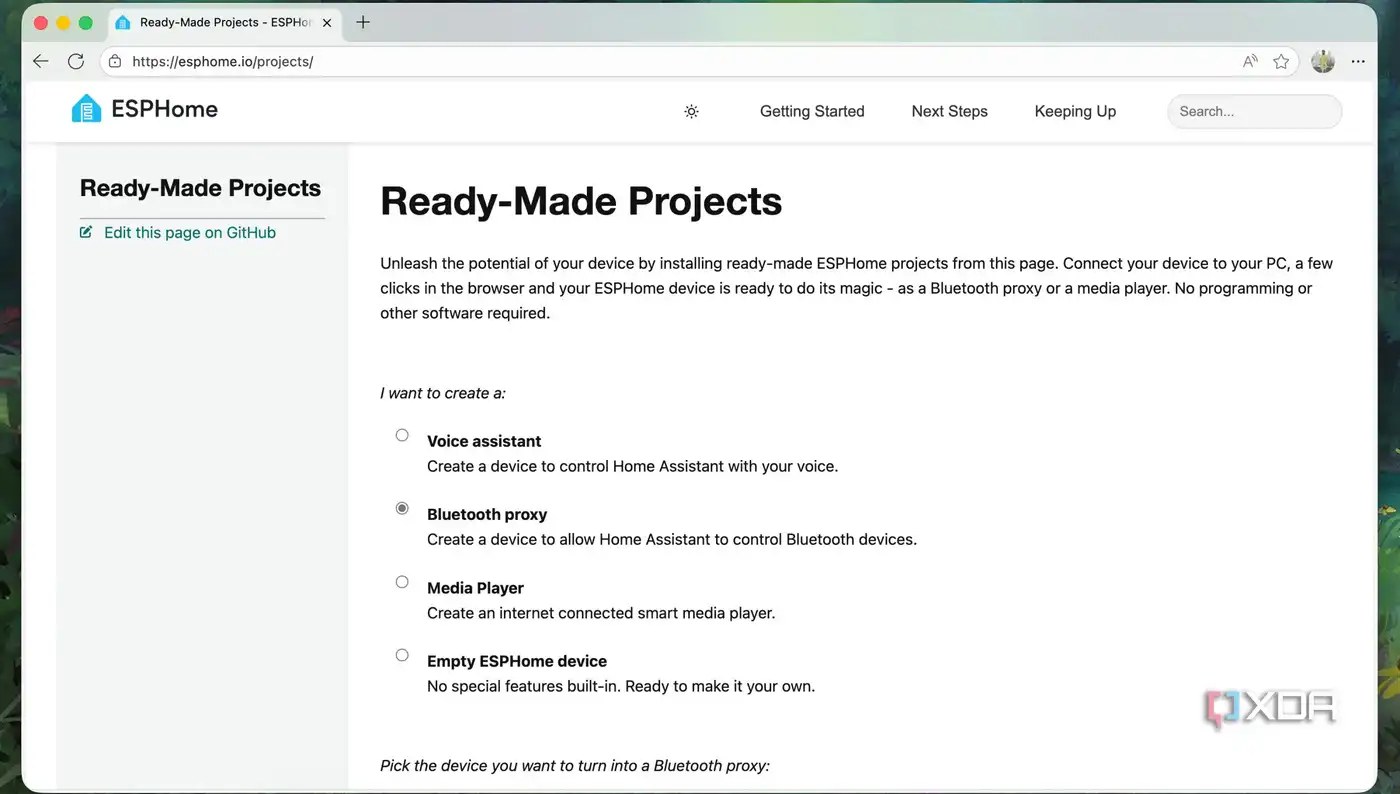 ESPHome web page for Readymade project to select Bluetooth Proxy option