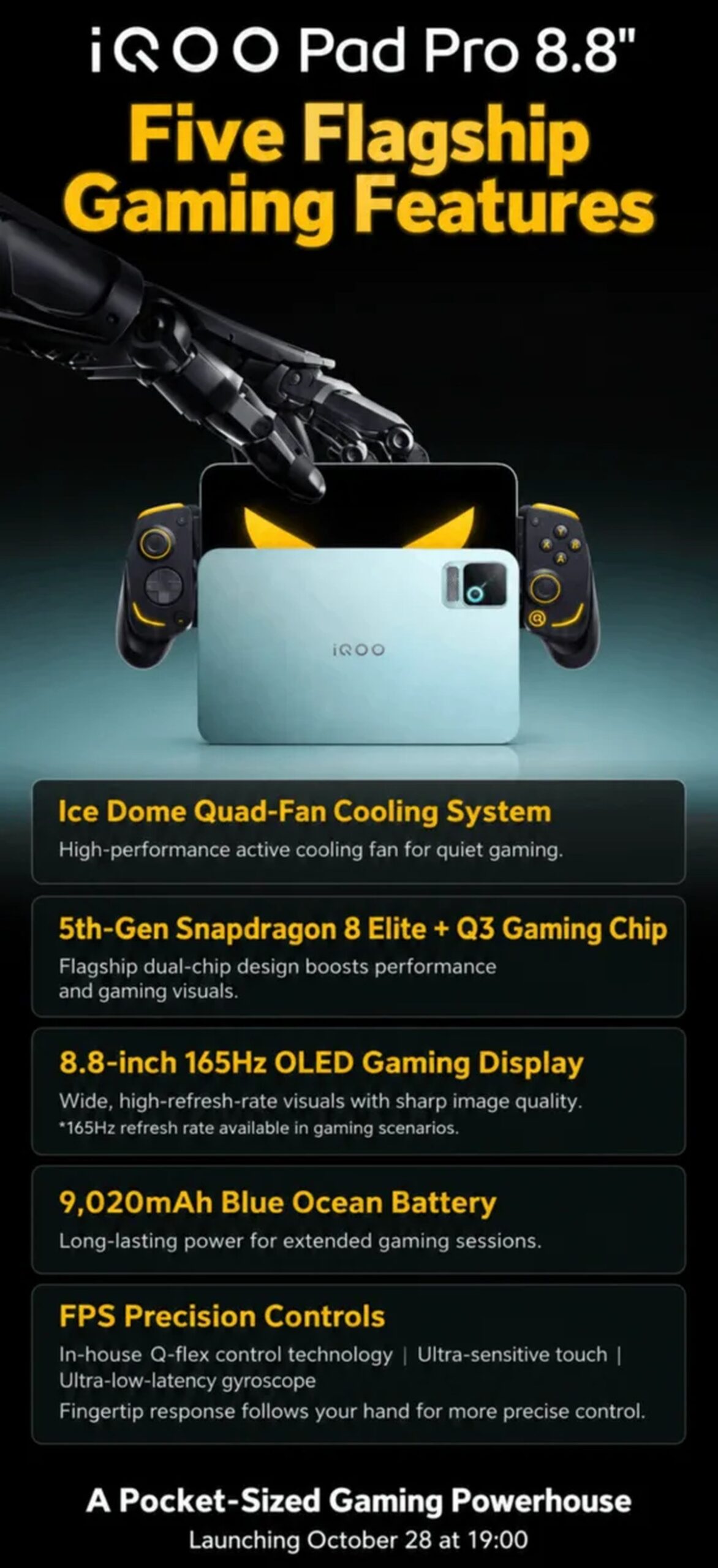 iQOO Pad Pro 8.8-inch gaming features infographic highlighting its cooling system, Snapdragon processor, OLED display, battery and gaming controls