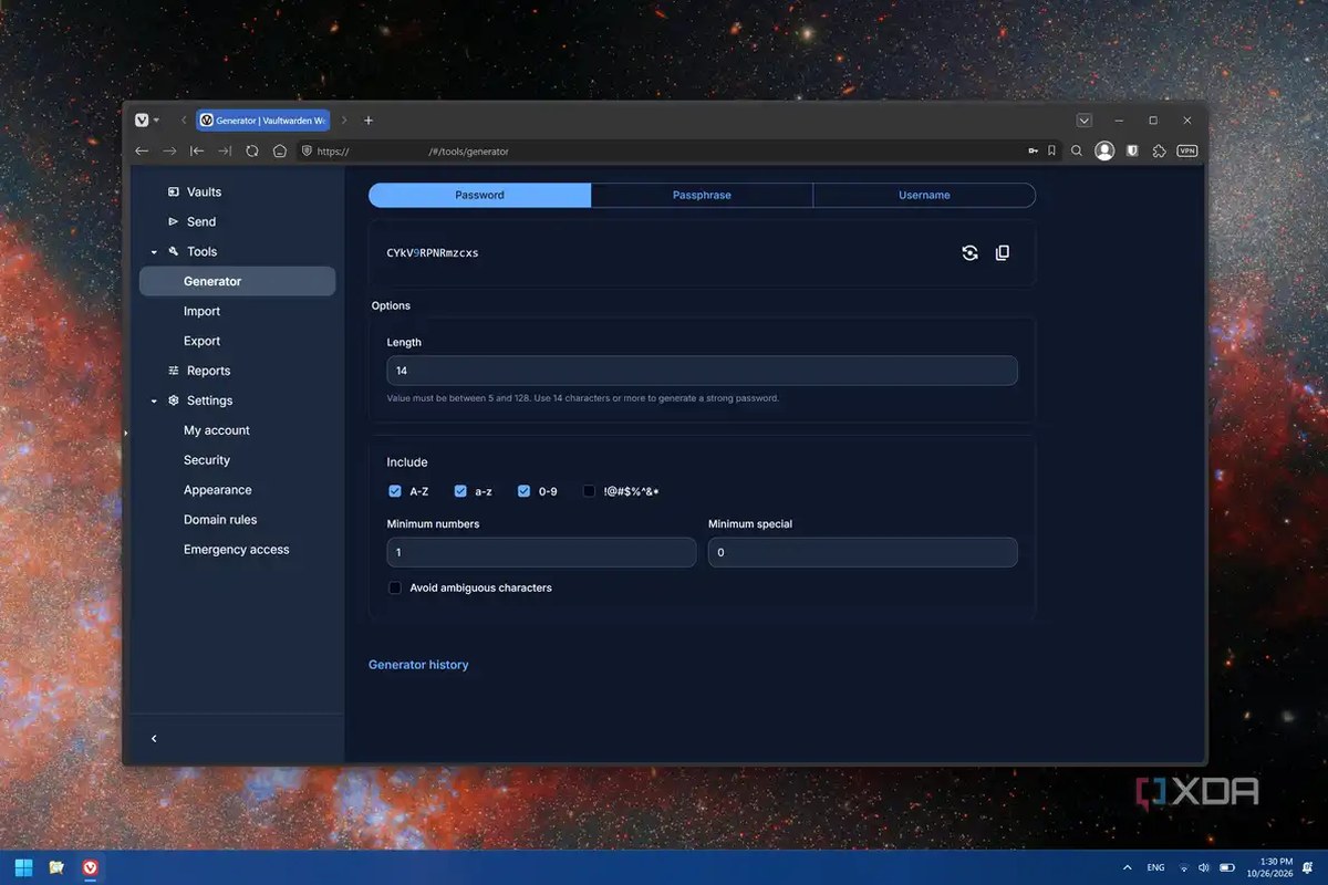 Screenshot of the Vaultwarden generator feature in a web browser