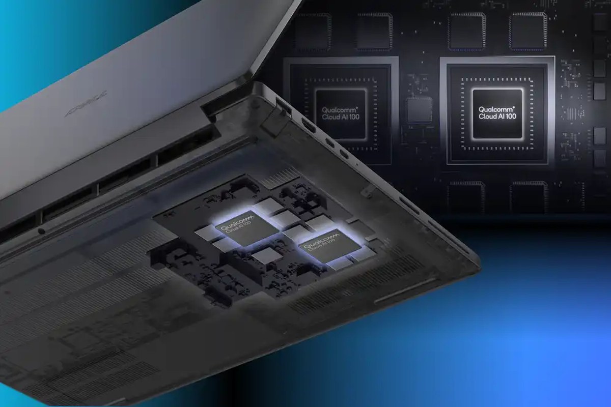 Exploded view of a Dell Pro Max Plus showing the two Qualcomm Cloud AI 100 NPUs with a closer view of the card in the background