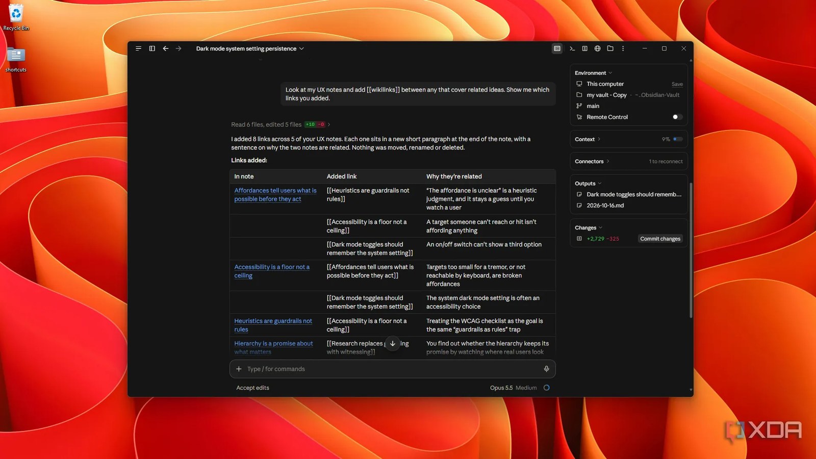 Claude Code içinde wikilink tablosuyla genişletilen UX notları