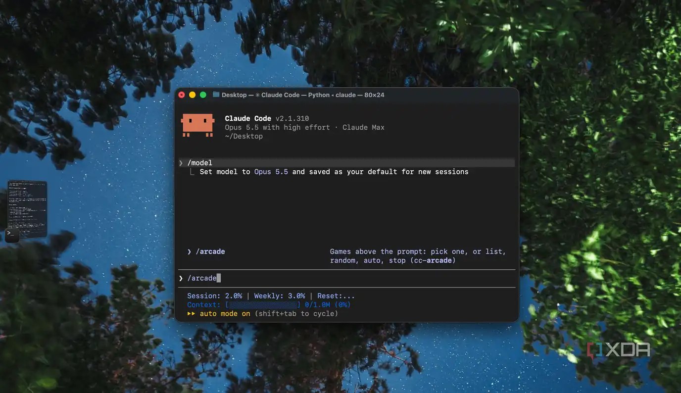 Claude Code fresh session typing the arcade slash command with its autocomplete hint