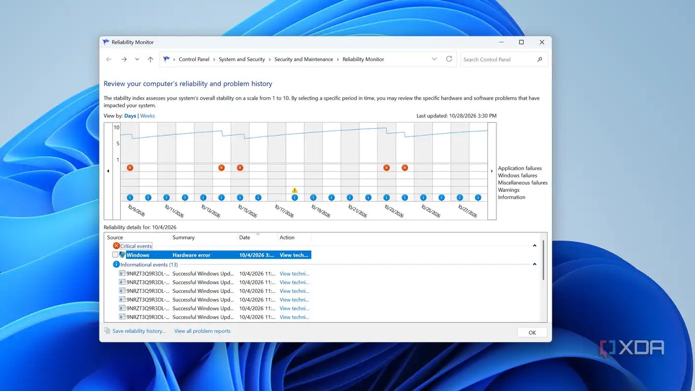 viewing recent issues in reliability monitor on Windows 11