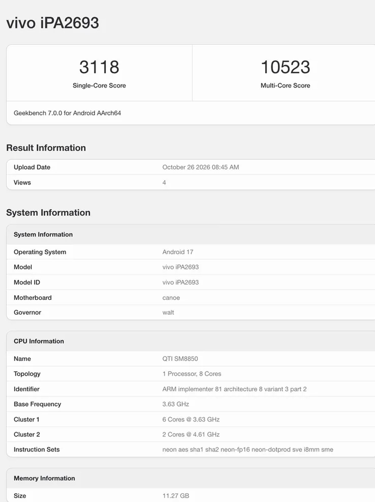 Geekbench listing of the iQOO Pad Pro.