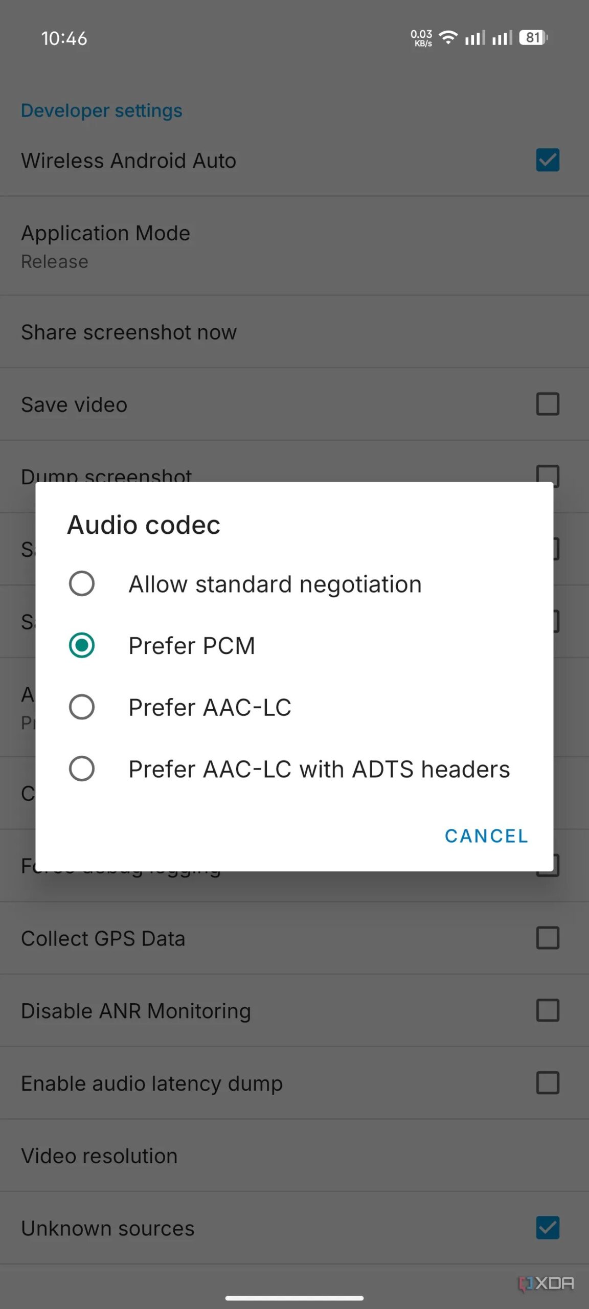Android Auto ses codec seçimi geliştirici ayarları