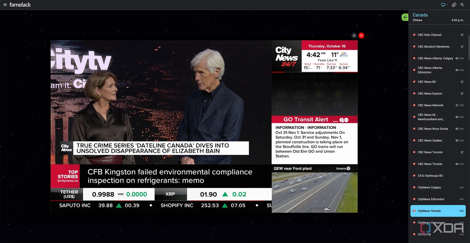 CityTV'nin oynattığı bir Famelack ekran görüntüsü