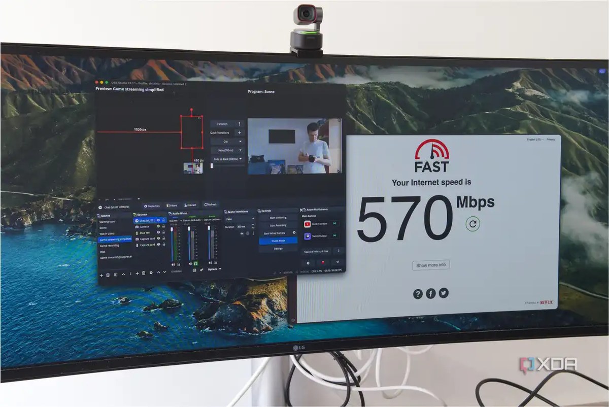 A computer monitor showing OBS and a speed test running on macOS