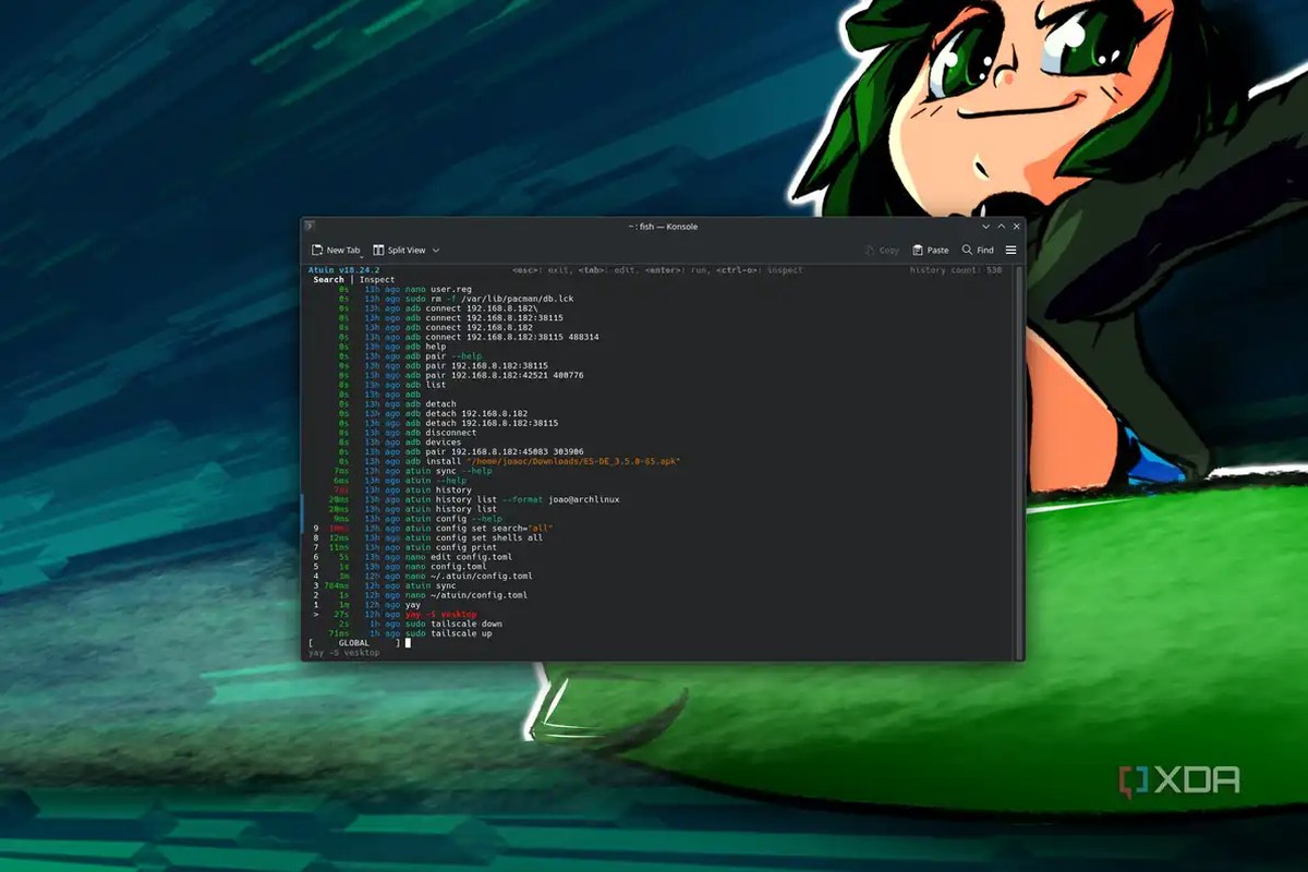 Screenshot of a terminal on Linux showing a history of commands from all connected devices through Atuin