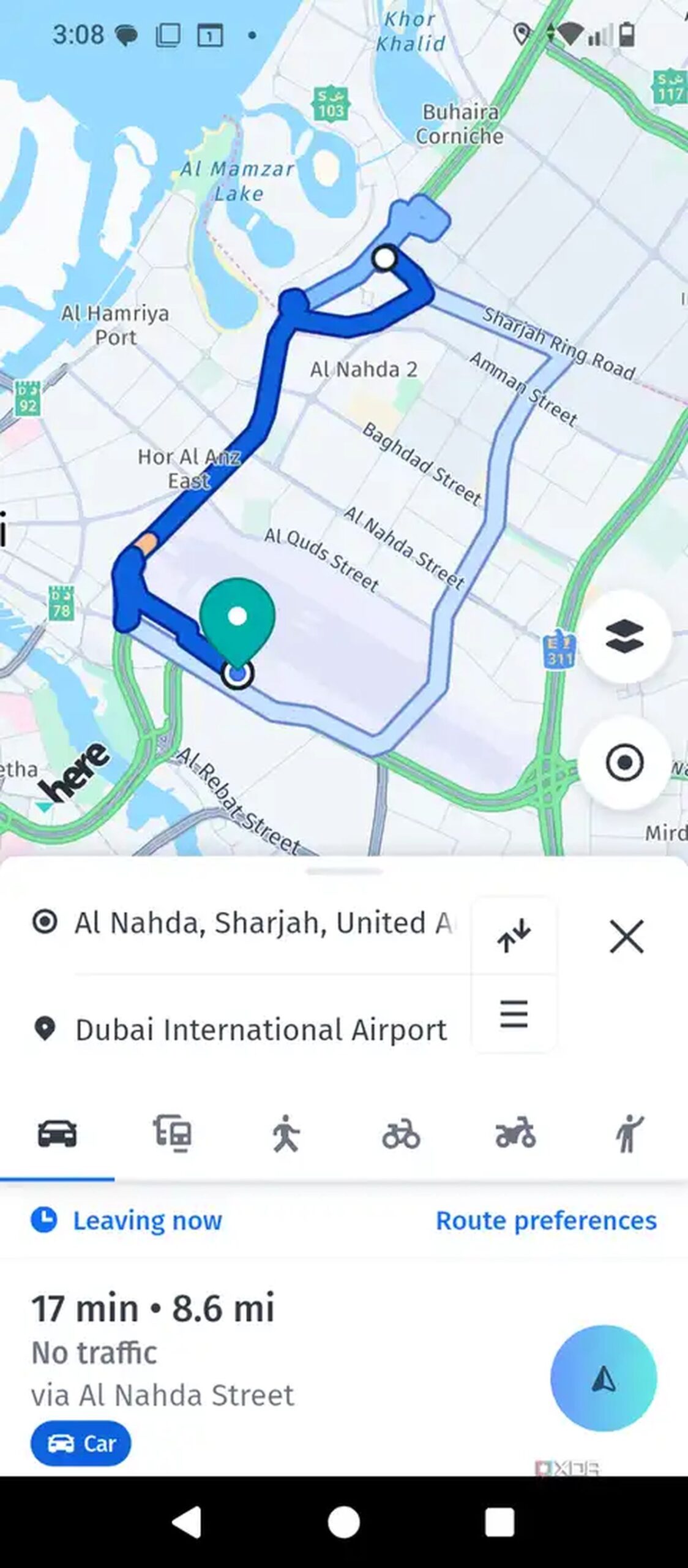 HERE WeGo driving route from Al Nahda Sharjah to Dubai airport, 17 minutes and 8.6 miles