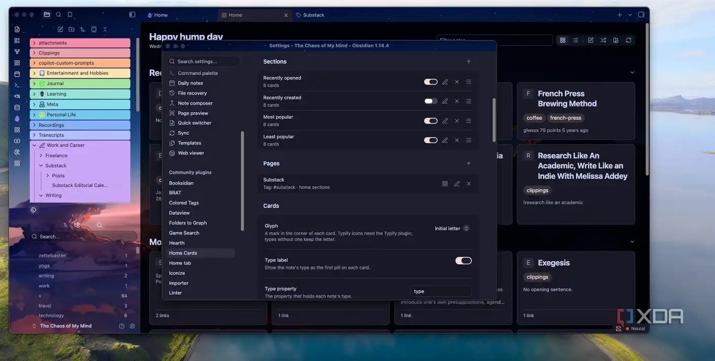 Home Cards settings menu