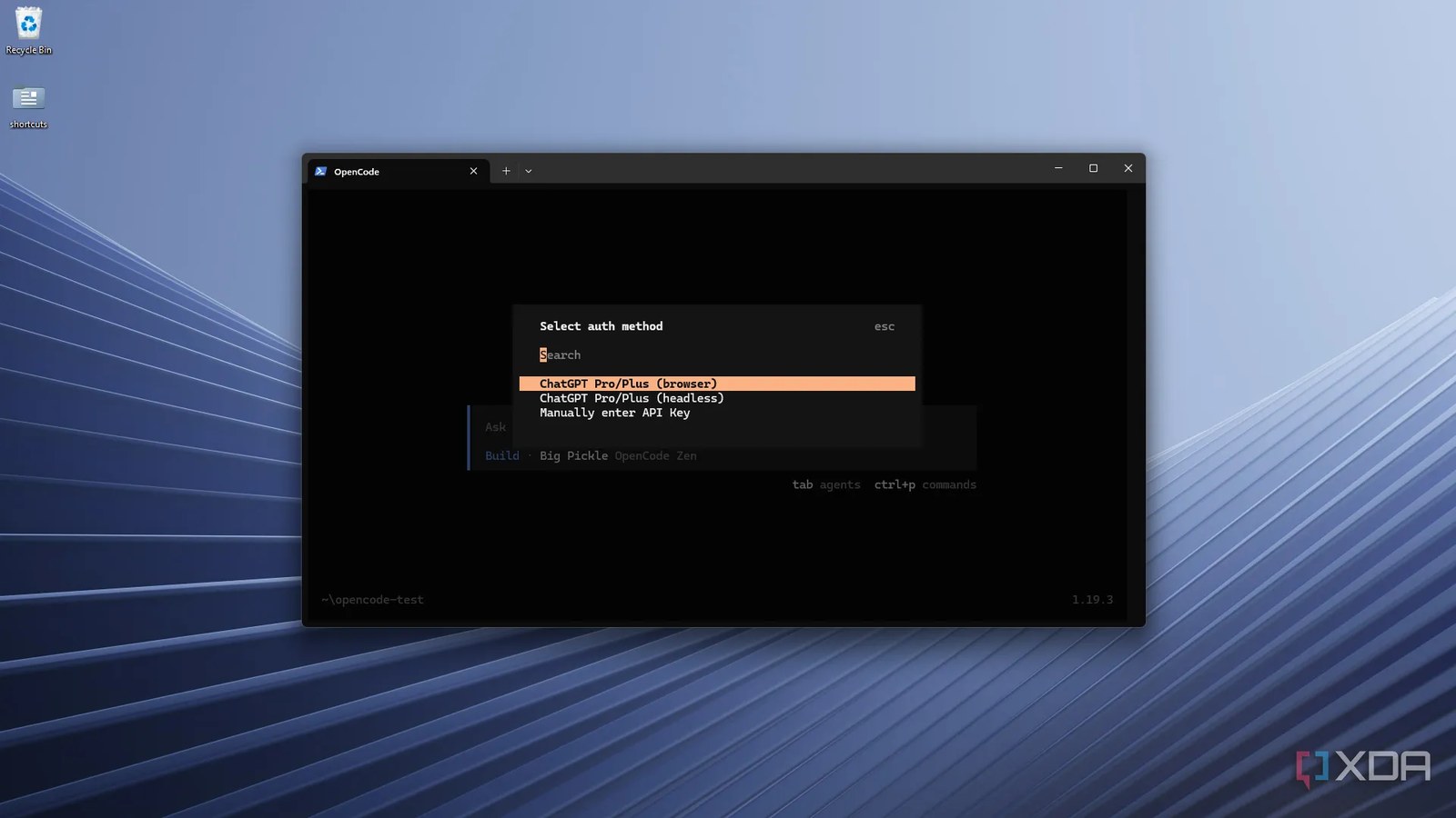 OpenCode içindeki kimlik doğrulama yöntemi seçicisi
