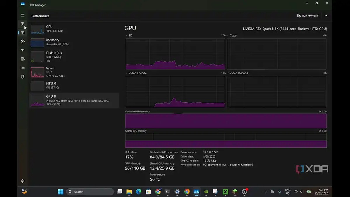 Task Manager and GPU memory with Qwen 3.8 Flash Next and Minecraft loaded