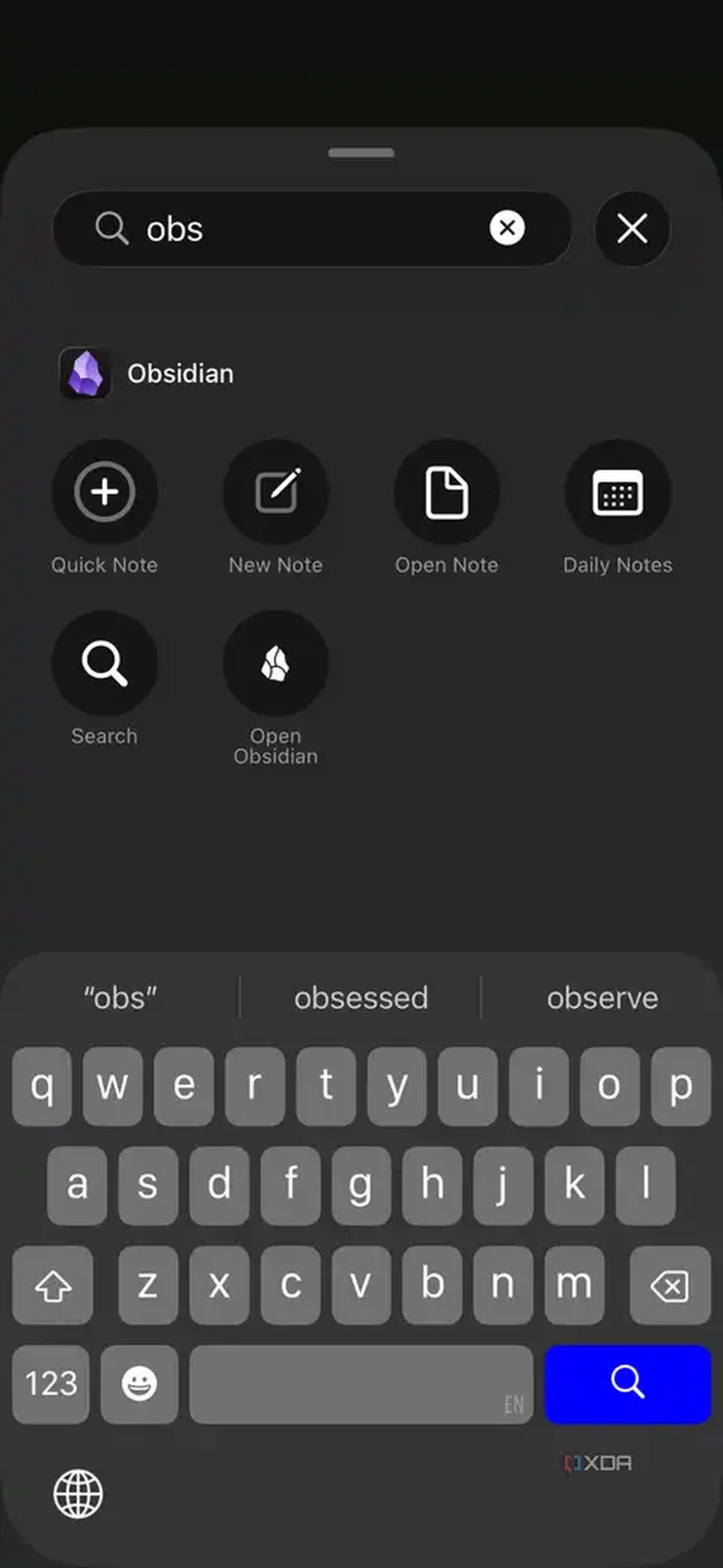browsing Obsidian actions via iOS Spotlight search