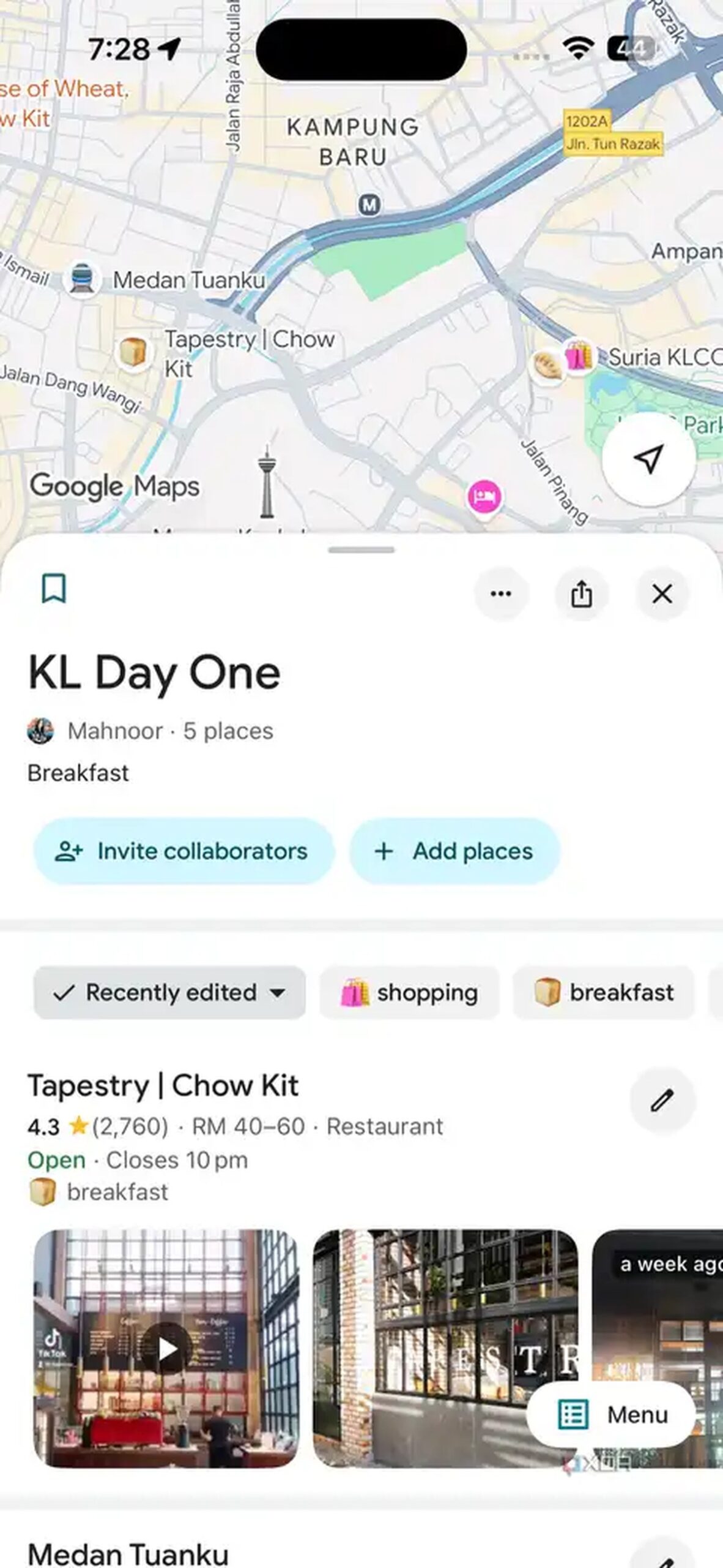 Google Maps KL Day One saved list by Mahnoor with 5 places in Kuala Lumpur