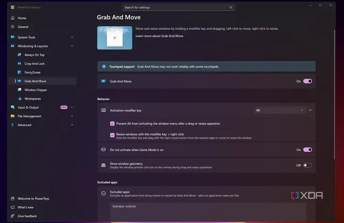 Grab And Move settings in PowerToys