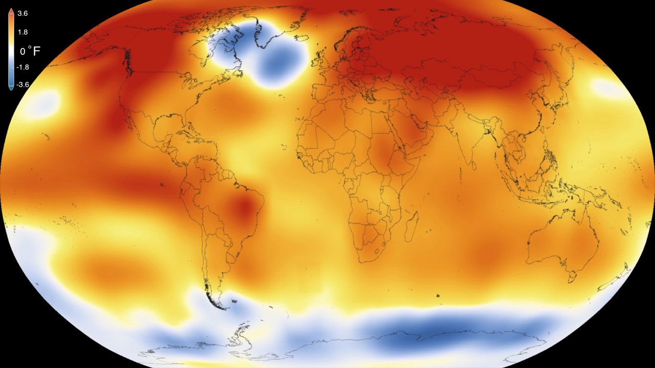 2015 – 2021 itibarıyla kaydedilmiş (1880'den beri) 5. En Sıcak Küresel Yıl – Renkler sıcaklık anormalliklerini gösterir (NASA/Ulusal Okyanus ve Atmosfer Dairesi[NOAA]; 20 Ocak 2016).[7]