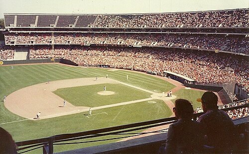 The Oakland Athletics playing host to the Texas Rangers at the Oakland–Alameda County Coliseum during a 1981 home game.